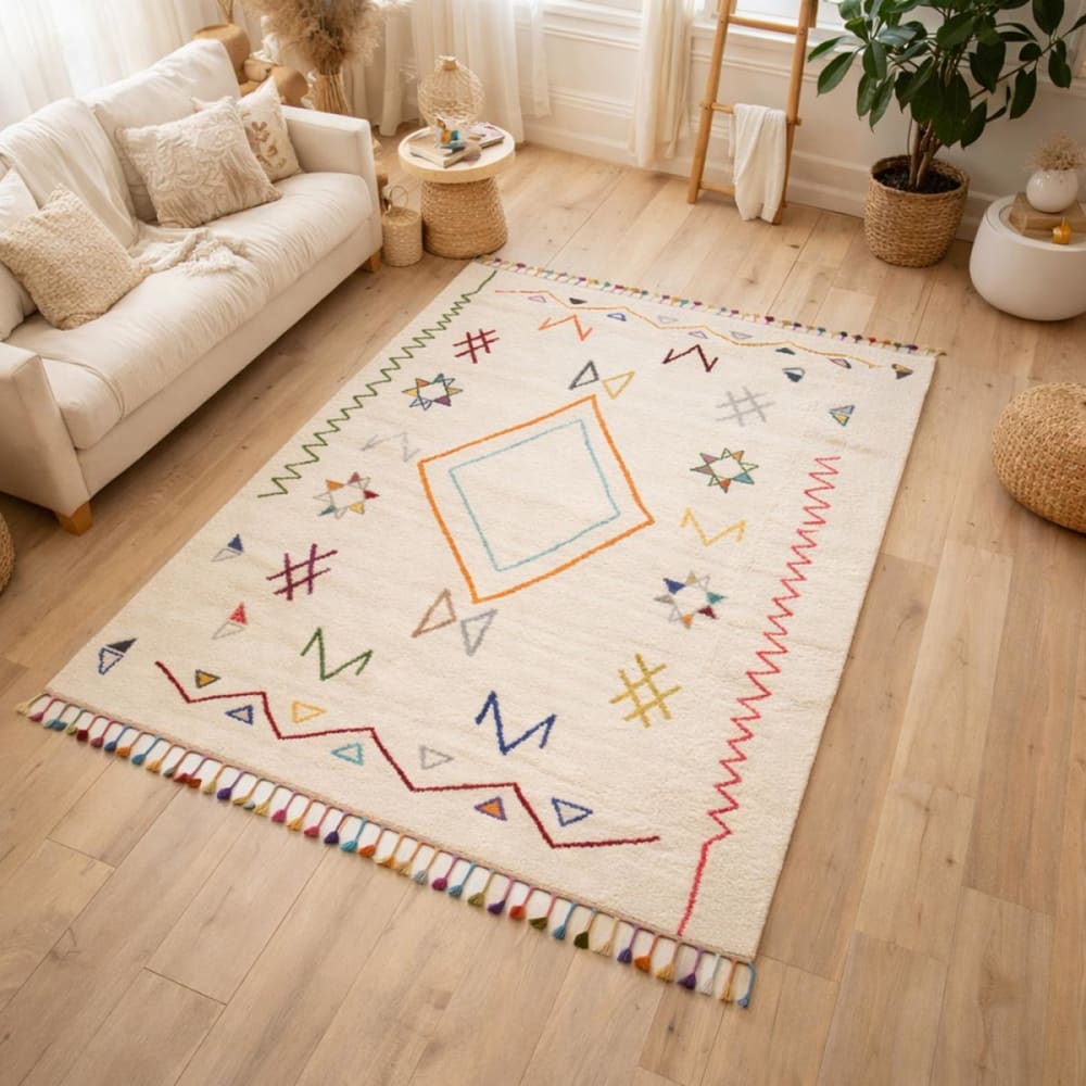 Tapis berbère motif ethnique, idéal pour un salon, crème 200x290