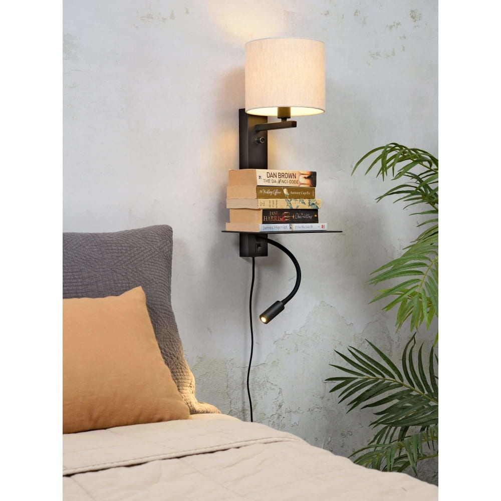 Applique noire avec tablette liseuse et abat-jour H52cm