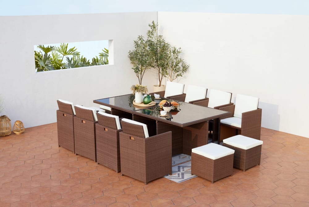 Salón de jardín encastrable 12 plazas resina trenzada marrón/blanco