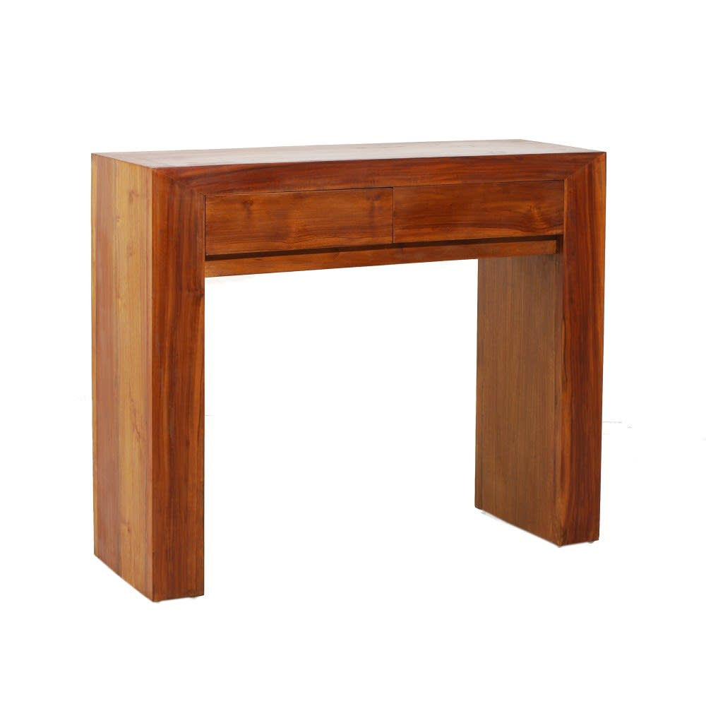 Moderna consola con 2 cajones de madera de teca marrón de 90x30x75 cm.
