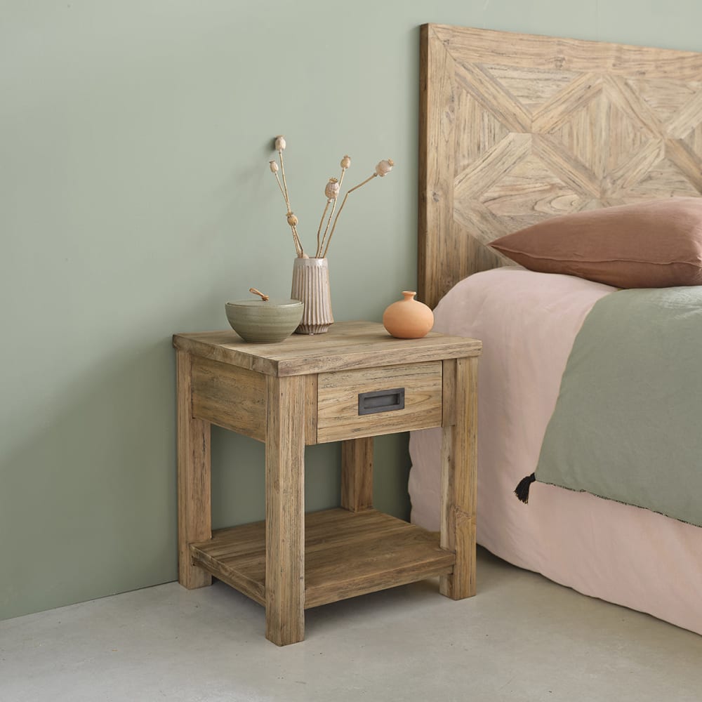 BERAH GETAH Nachttisch aus recyceltem Teak 1 Schublade style modern Beige Holz