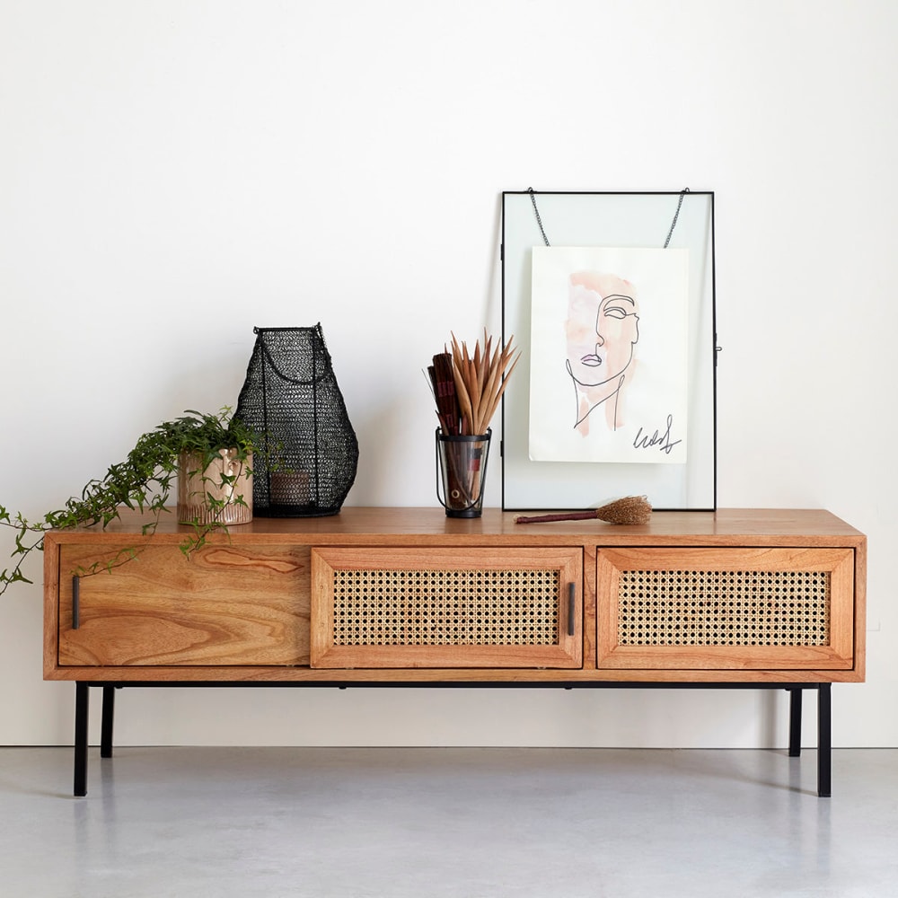 Meuble TV en mindi massif et cannage 140 cm
