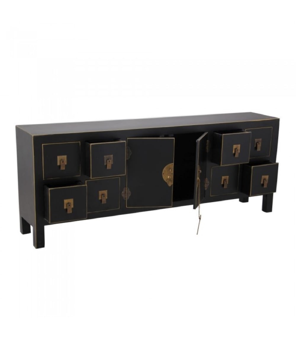 Buffet chinoiserie en bois noir et doré 1 porte et 8 tiroirs - Maisons du Monde