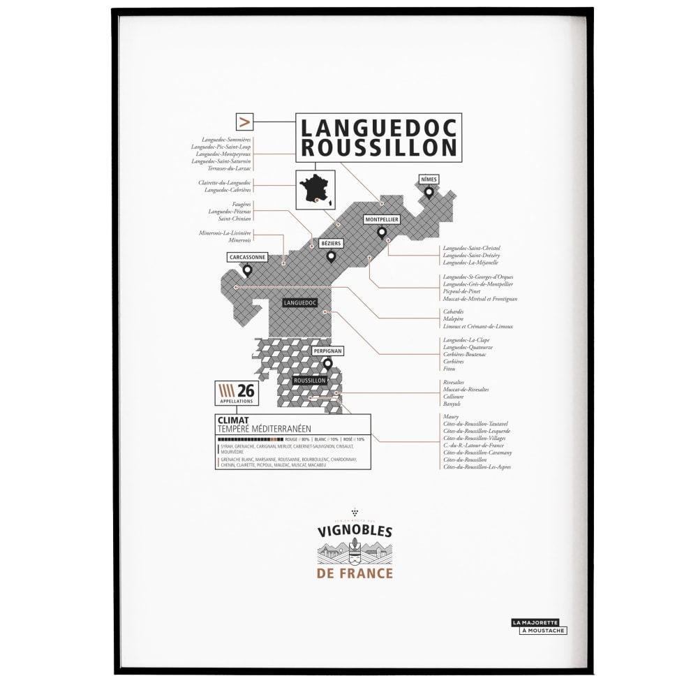 La Majorette à Moustache Affiche d'art vignoble du Languedoc-Roussillon 30 X 40 cm Blanc Papier