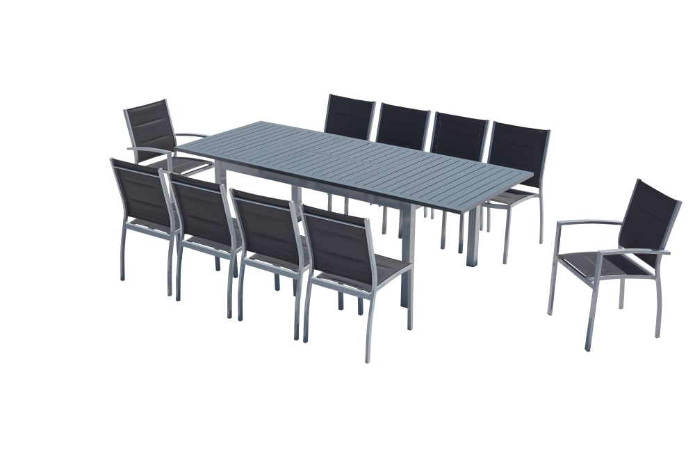 Table de jardin extensible et 10 chaises alu/toile PVC gris
