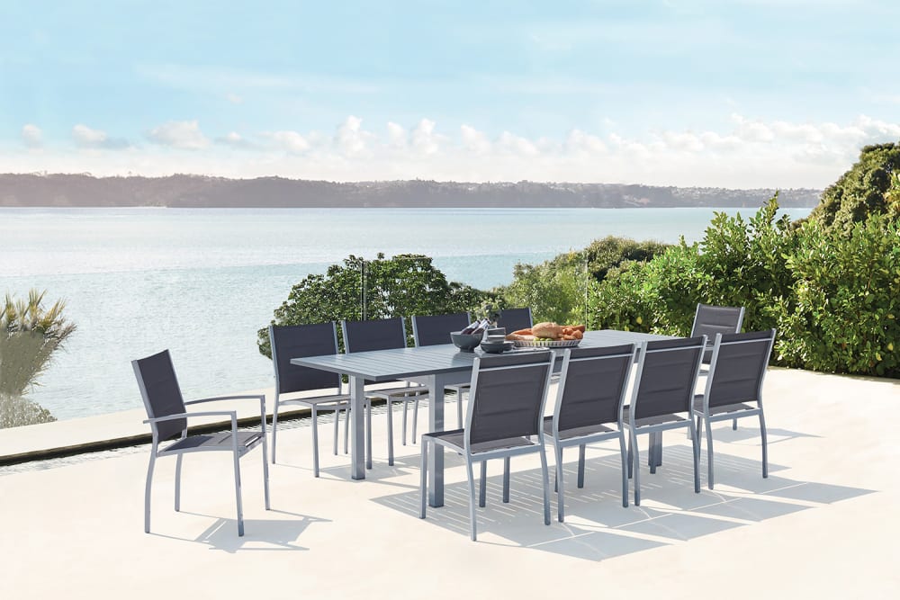 Table de jardin extensible et 10 chaises alu-toile PVC gris