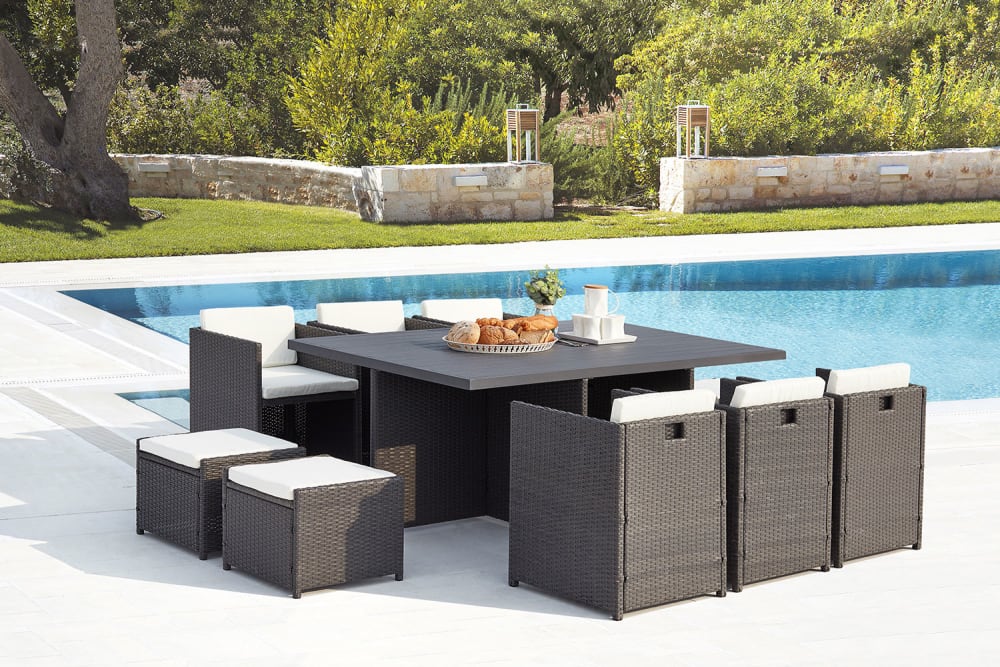 Table et chaise 10 places encastrables alu résine gris-blanc