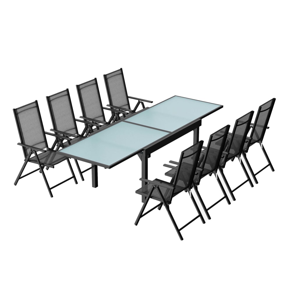 Table de jardin extensible et 8 fauteuils en alu et toile PVC