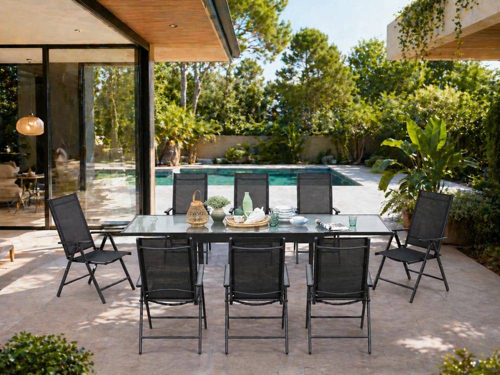 Conjunto de jardín de aluminio: mesa extensible + 8 sillas textileno - Maisons du Monde