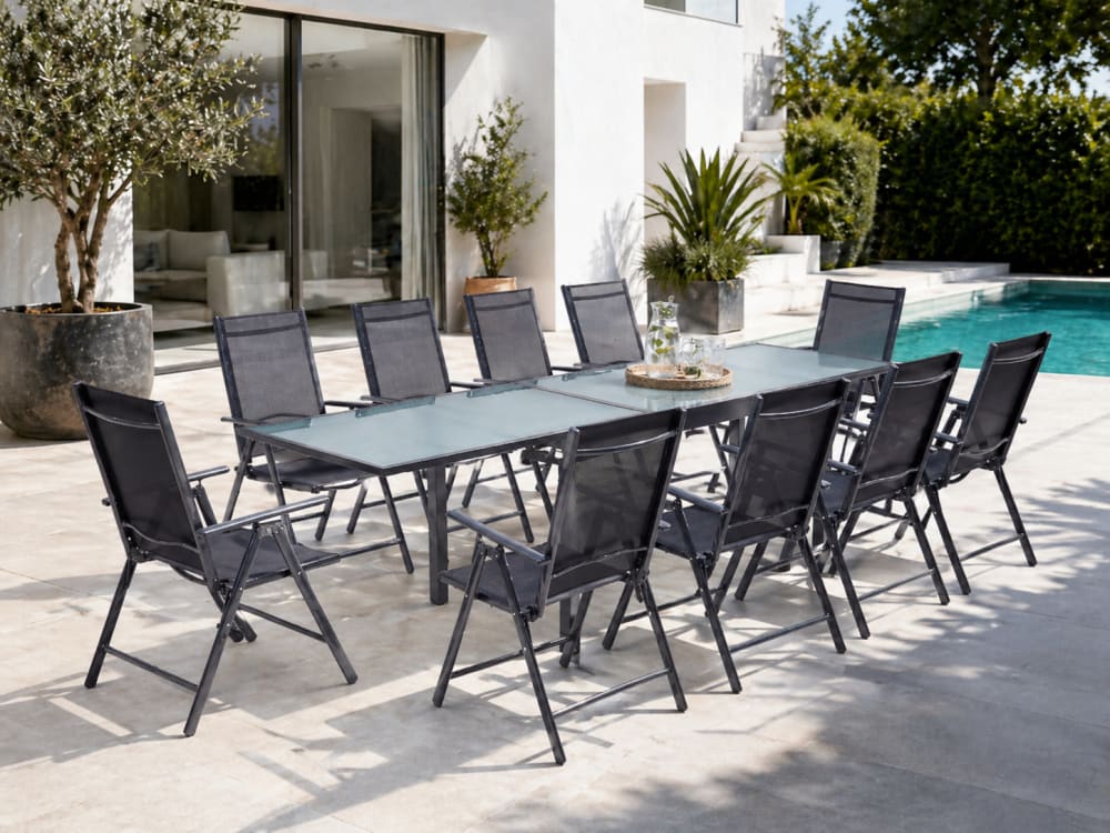 Tavolo da giardino allungabile in alluminio e 10 sedie in