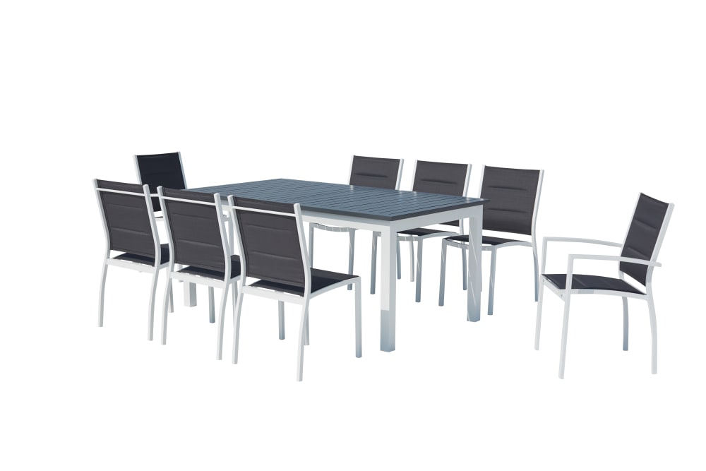 Table de jardin extensible et 8 chaises alu/toile PVC blanc