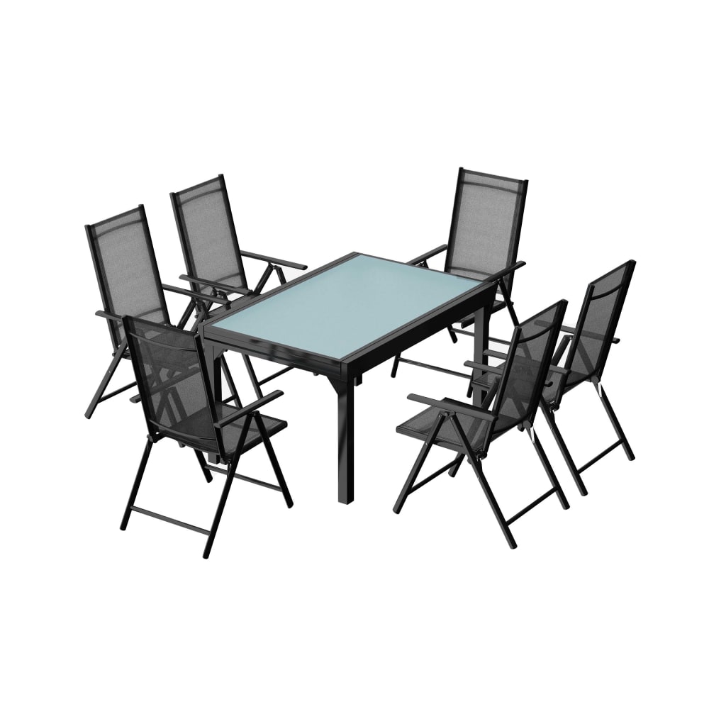 Table de jardin extensible et 6 fauteuils en alu et toile PVC