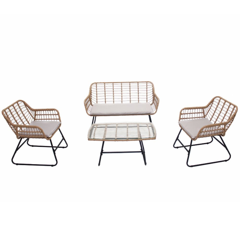 Salon de jardin 4 places en rotin et acier beige et noir