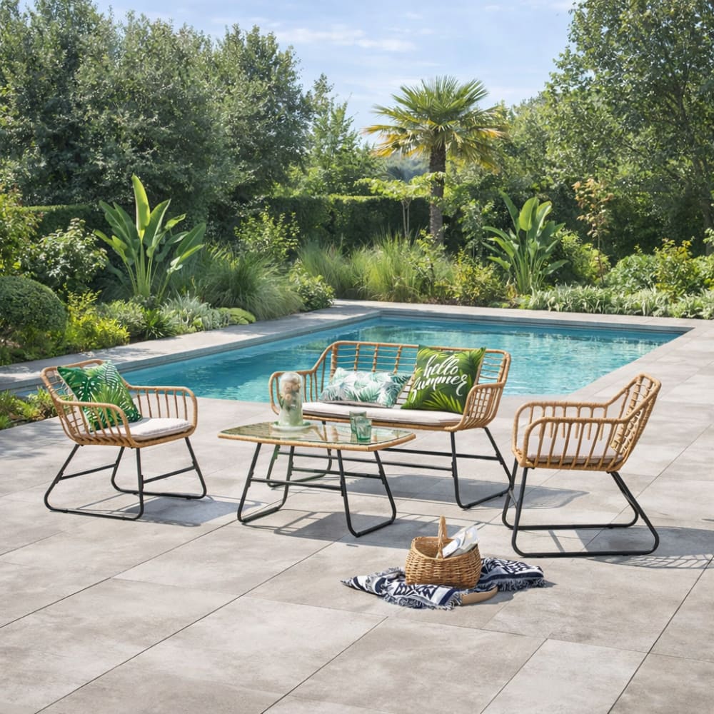 Salon de jardin 4 places en rotin et acier beige et noir