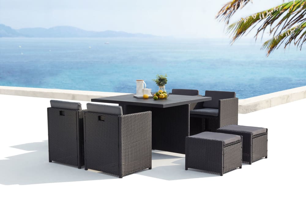 Concept Usine Table et chaises 8 places encastrables alu et résin noir/gris style contemporain - Aluminium