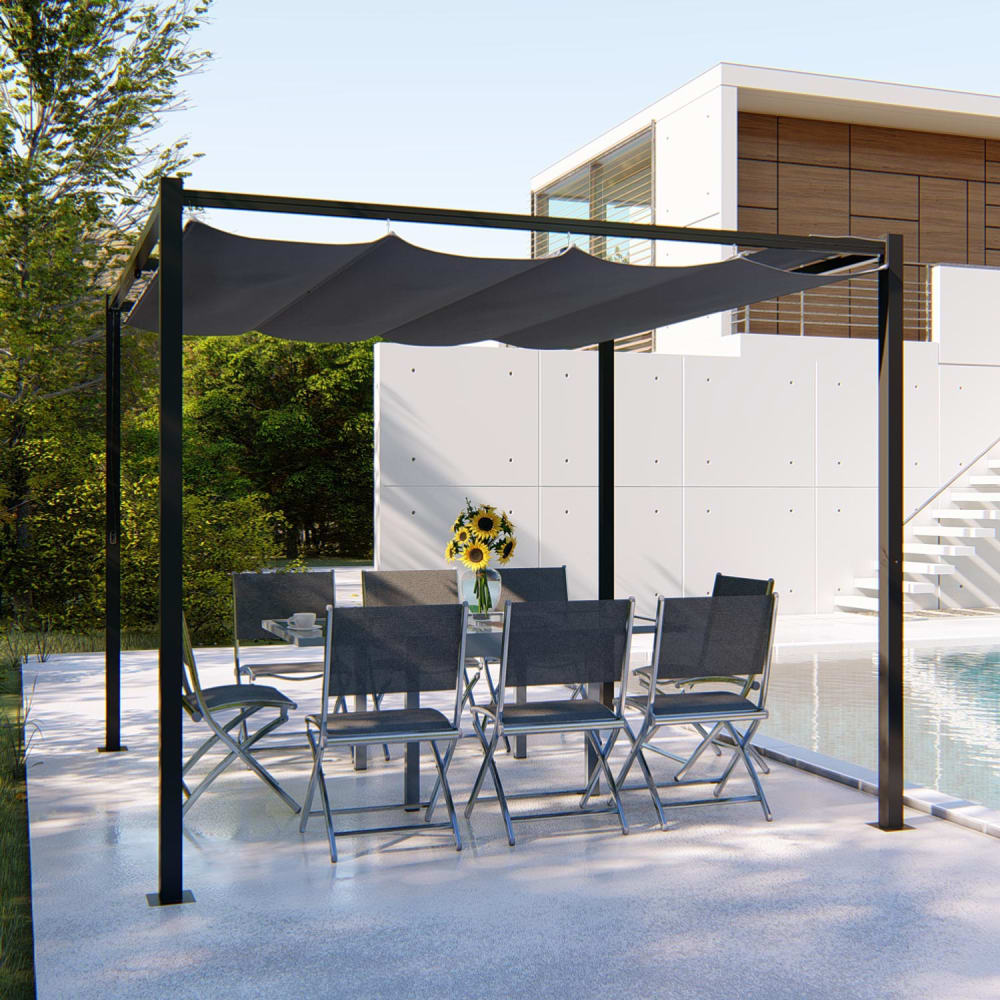 Pergola autoportante 3 x 3 m en acier avec toile grise