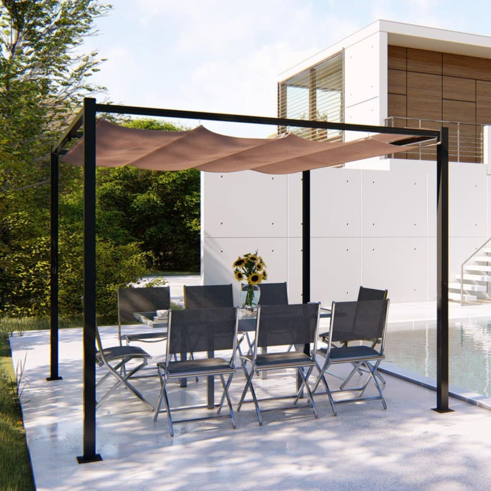 Pergola autoportante 3 x 3 m en acier avec toile taupe
