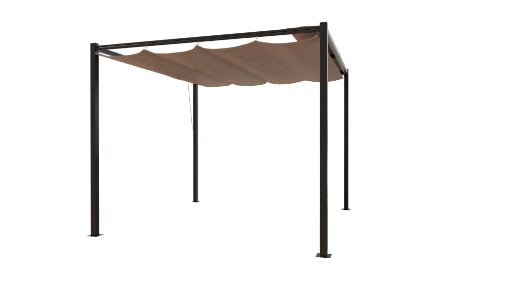 Pergola freistehend 3 x 3 m aus Stahl mit taupefarbener Leinwand