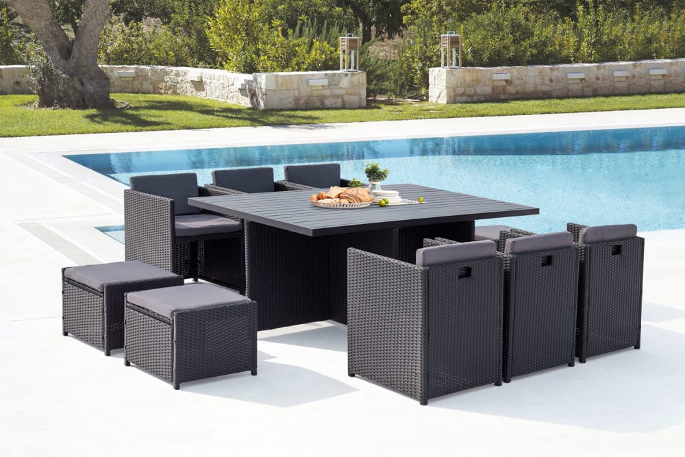 Salón de jardín encastrable 10 pl resina trenzada y alu negro/gris