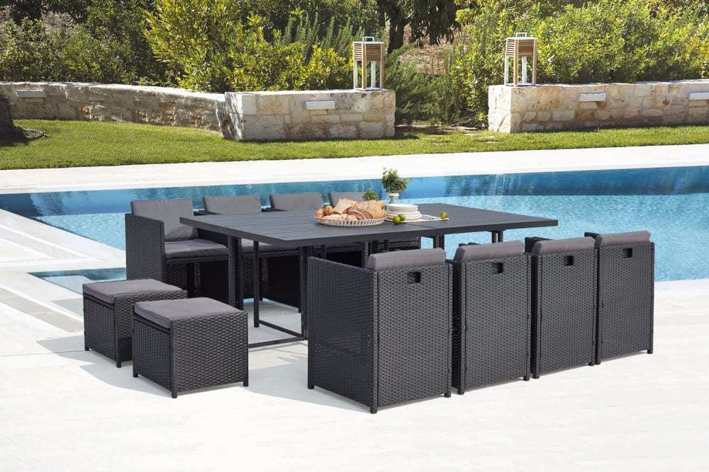 Concept Usine Table et chaise 12 places encastrables alu résine noir/gris style contemporain - Aluminium