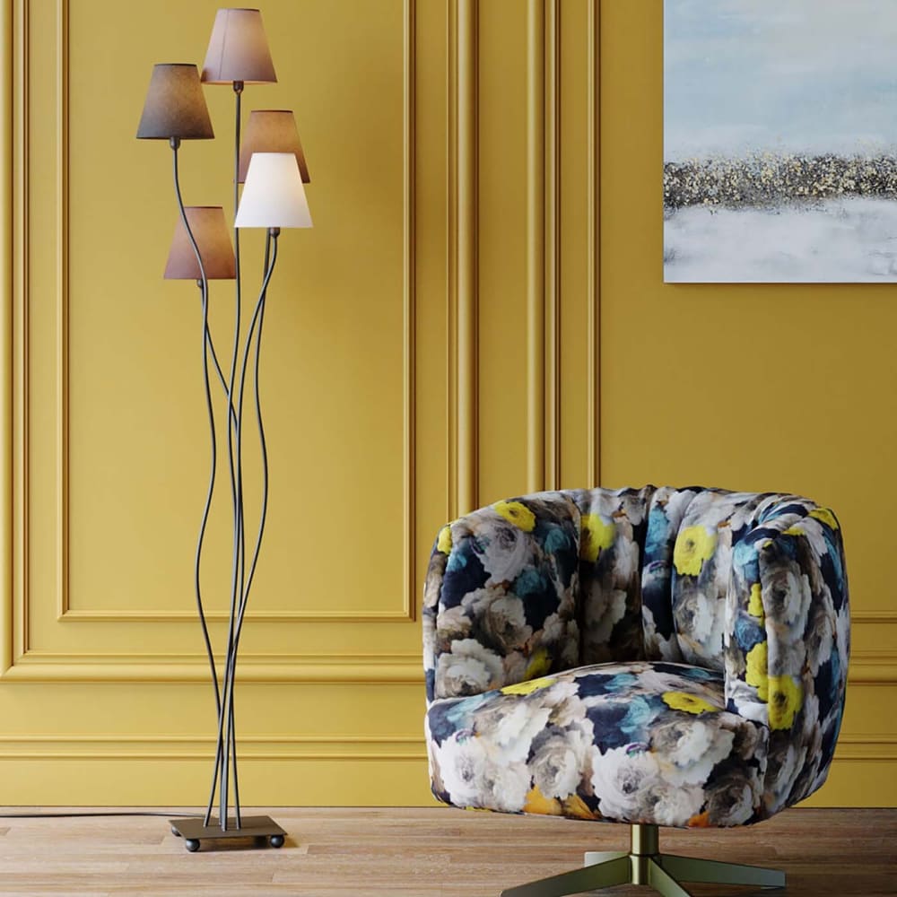 Lampadaire en acier noir 5 abat-jours en coton marron h163 - Maisons du Monde