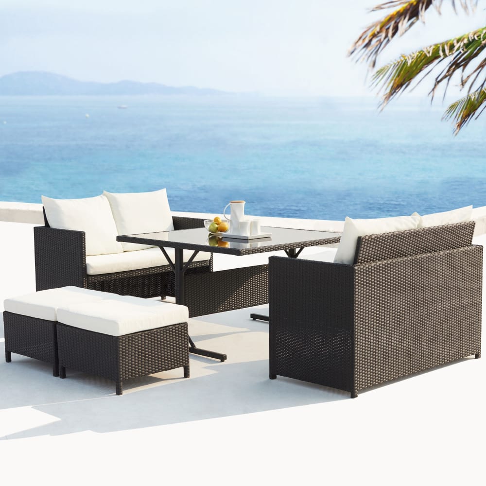 Salon de jardin encastrable 8 places en résine noir-blanc