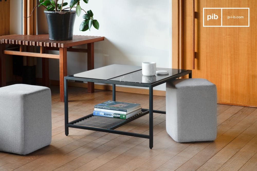 Quadratischer Couchtisch aus Marmor mit Hockern, schwarz -