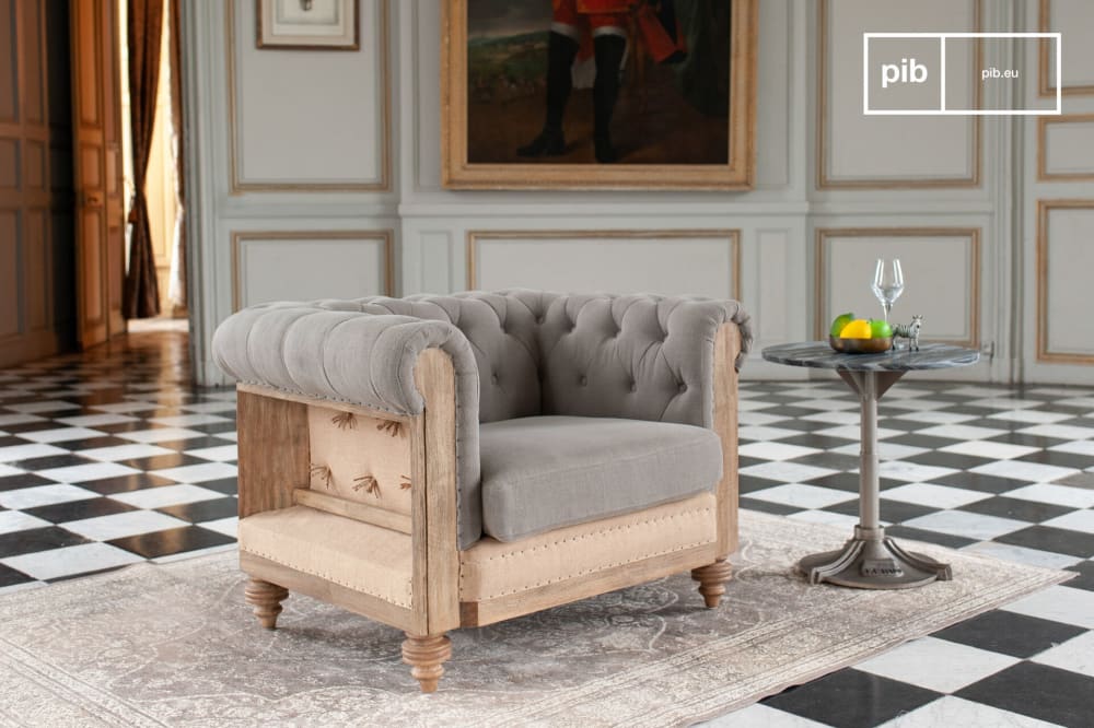 Fauteuil chesterfield en lin gris