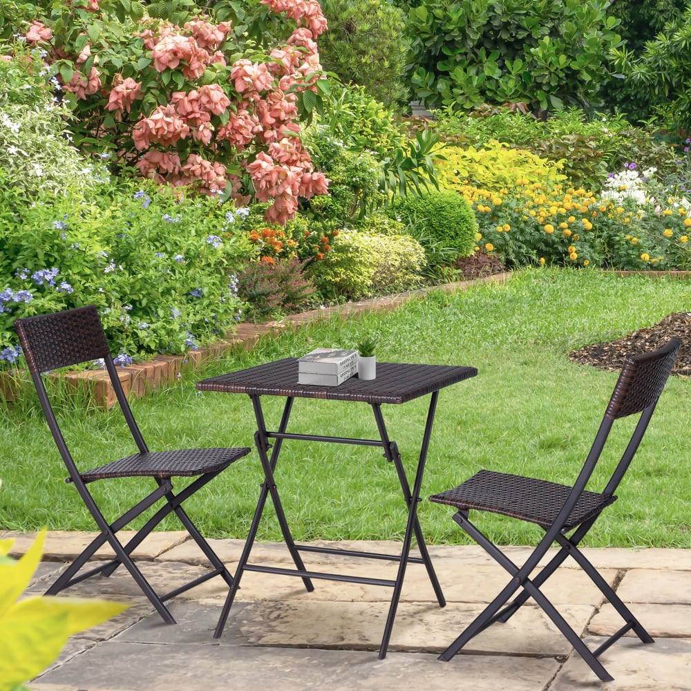 Ensemble meubles jardin table chaises pliables résine tressée marron