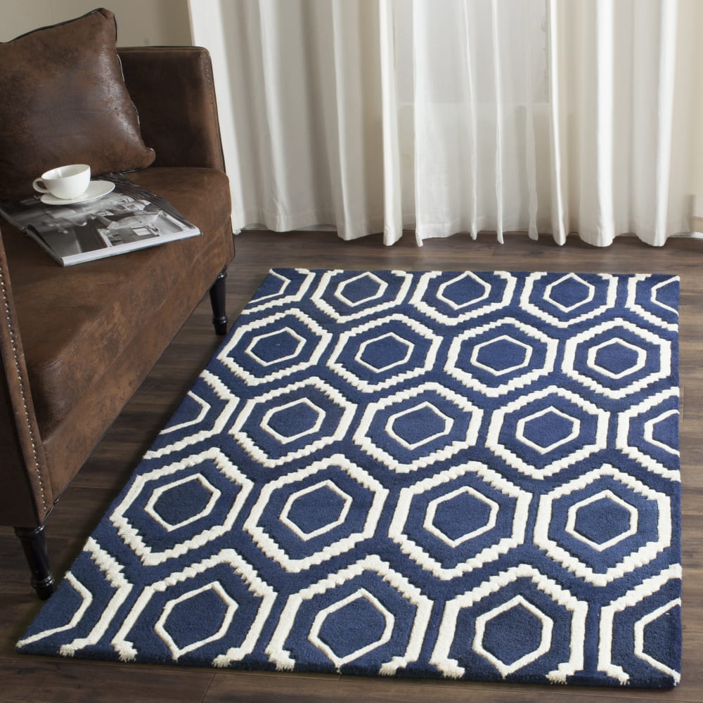 Alfombra contemporáneo de lana azul/blanco, 122 x 183 cm