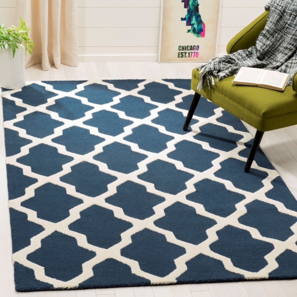 Tapis treillis en laine bleu/blanc, 183 x 274 cm