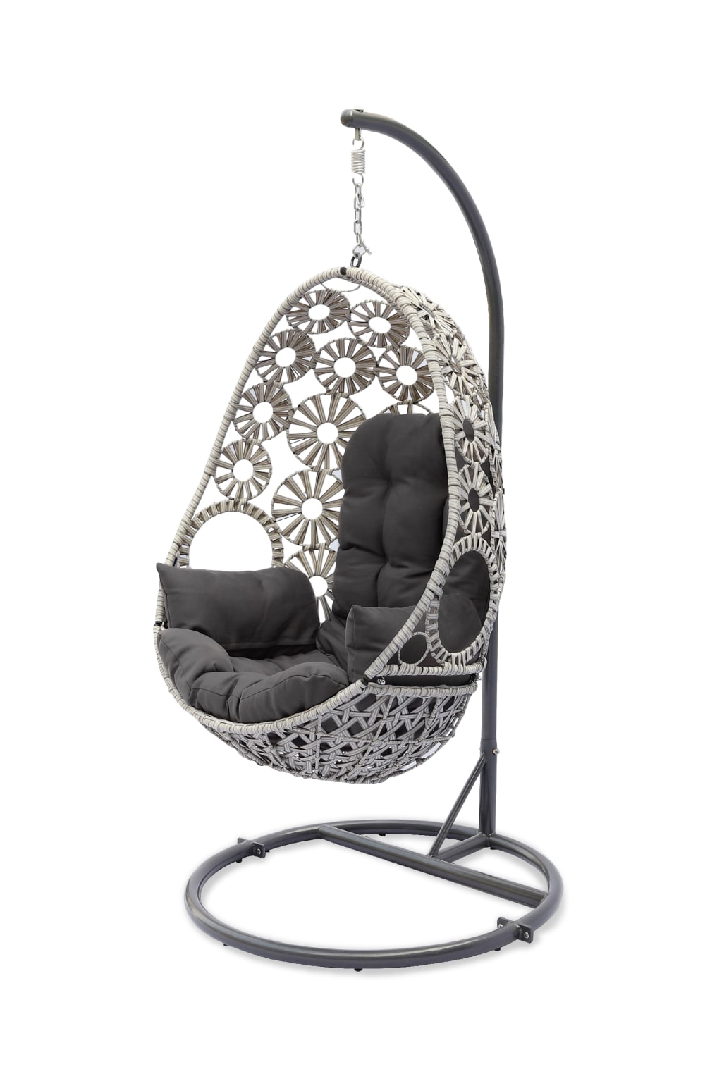 Fauteuil œuf suspendu en résine écrue avec coussin gris anthracite
