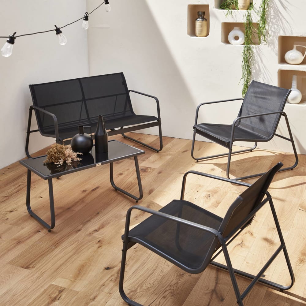 Salon de jardin 4 personnes en métal et textilène gris foncé et noir