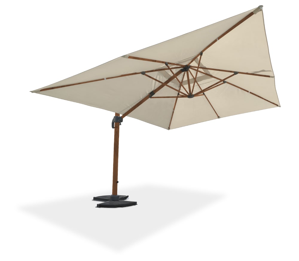 Parasol avec pied excentré en acier effet bois et toilee