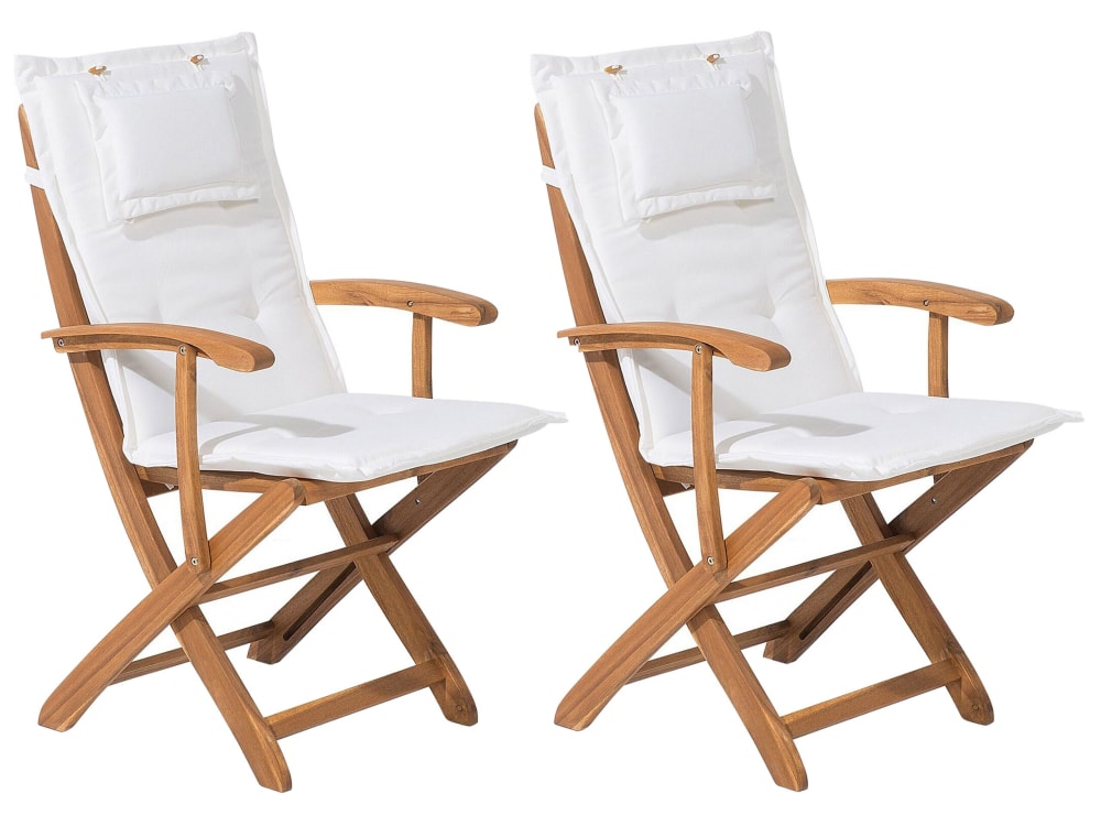 Lot de 2 chaises de jardin avec coussins acacia blanc cassé