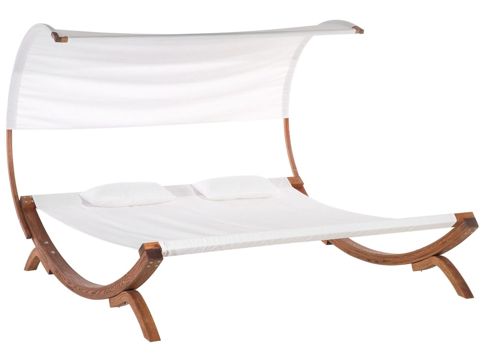 Lit double de jardin en bois et tissu blanc cassé