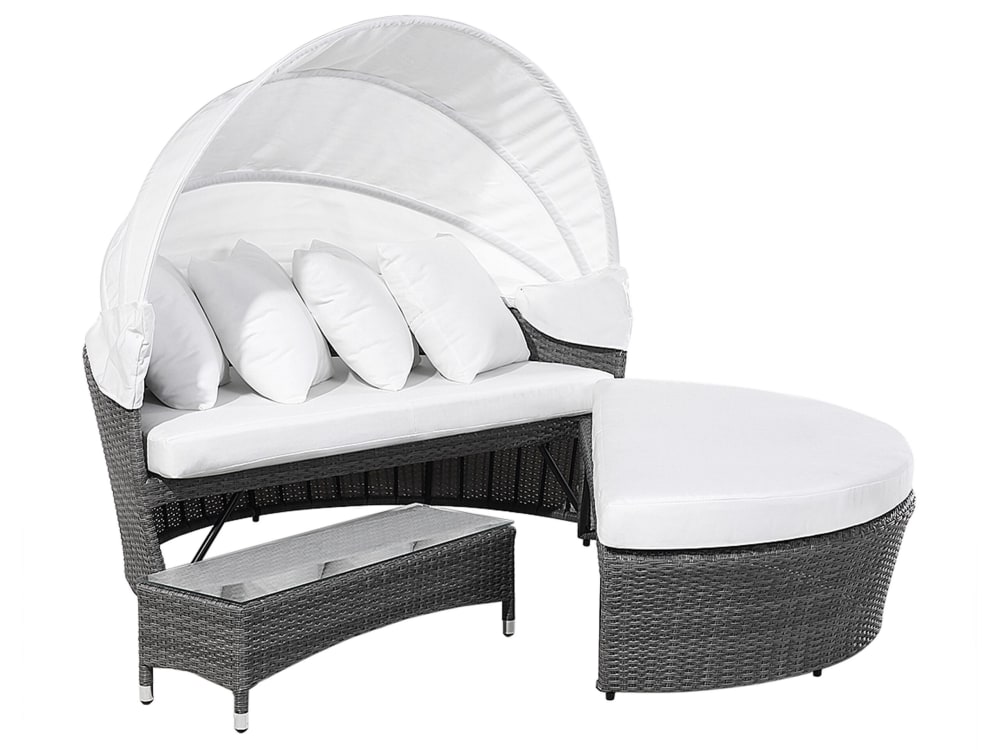 Lit de jardin gris avec capote réglable et coussins blanc cassé