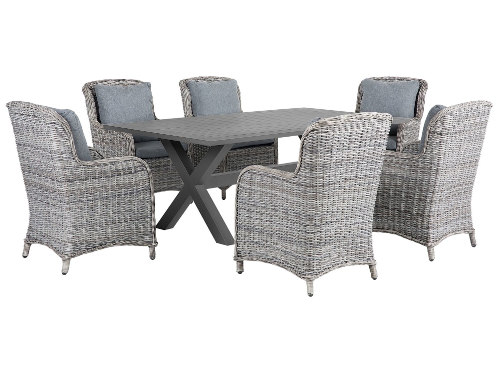 Gartentisch Set 6 Personen Aus Polyrattan, Grau