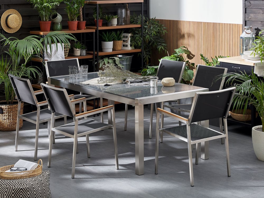 Gartentisch Set 6 Personen aus Granit, Edelstahl, grau - Maisons
