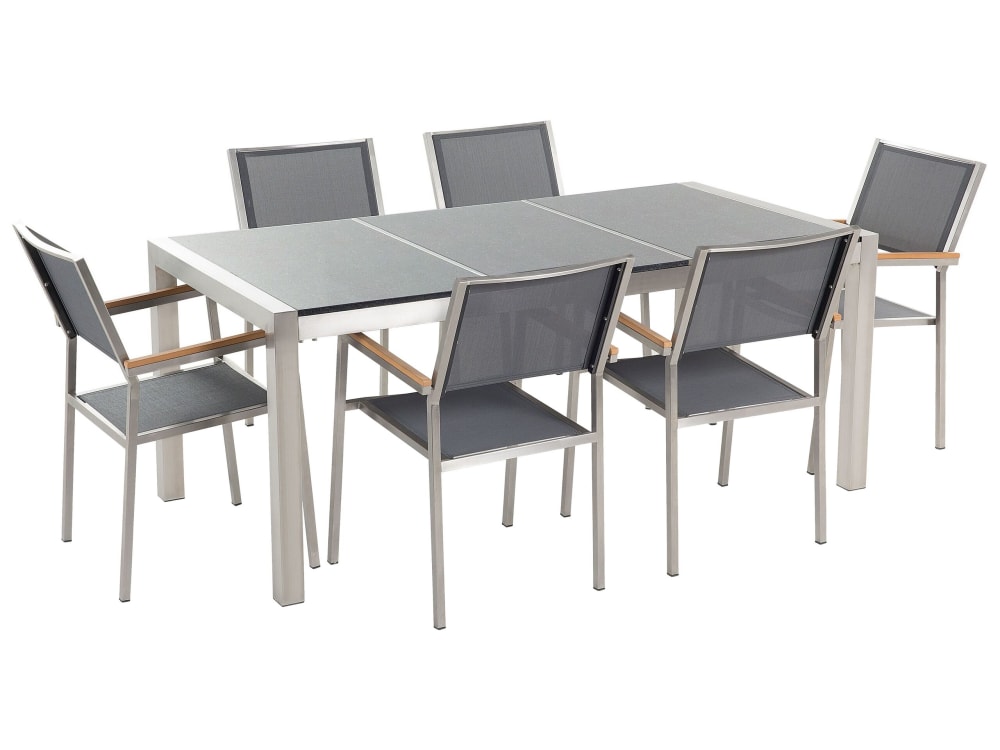 Gartentisch Set 6 Personen Aus Granit, Edelstahl, Grau