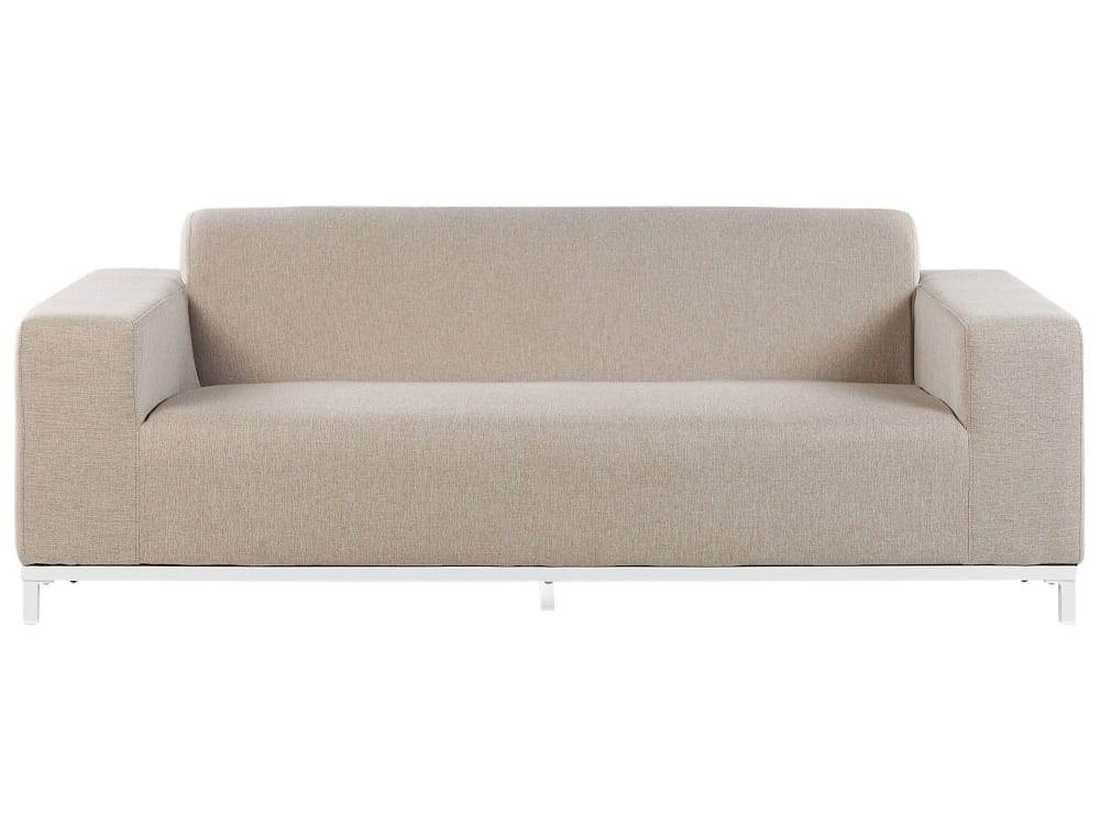 Canapé de jardin 3 places en tissu beige et pieds blancs