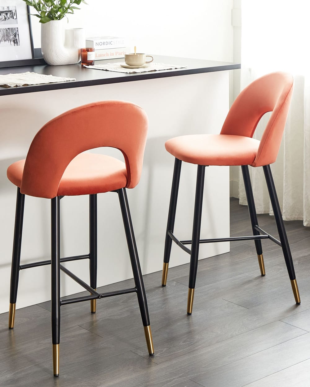 Lot de 2 chaises de bar velours corail