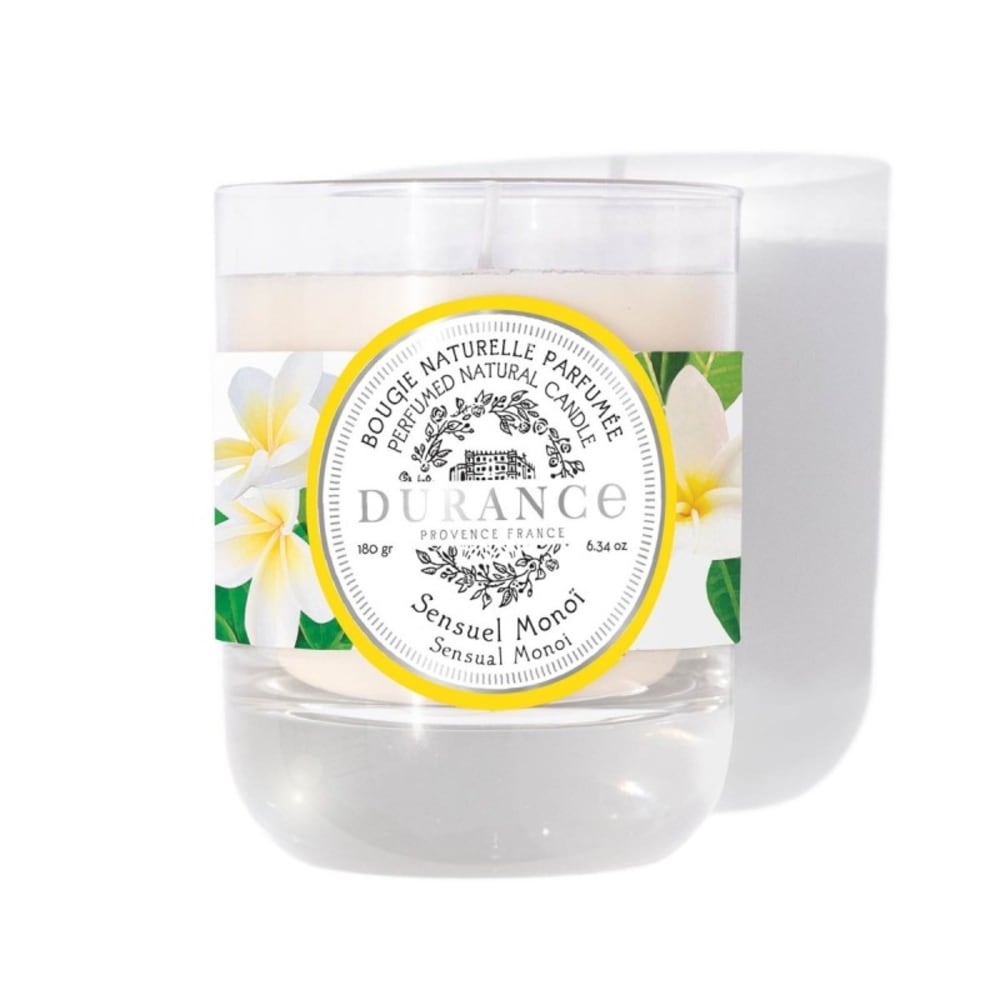 DURANCE Découvrez la bougie de cire naturelle (cire 100% végétale) Sensuel Monoï, une fragrance exotique et solaire qui célèbre la magie des îles