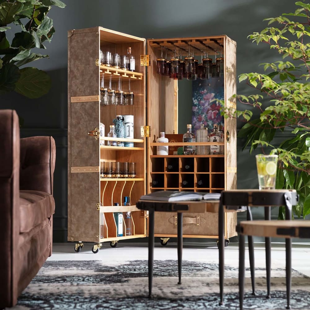 Barschrank aus Bezug in Leder-Optik und Holz, klappbar, braun -