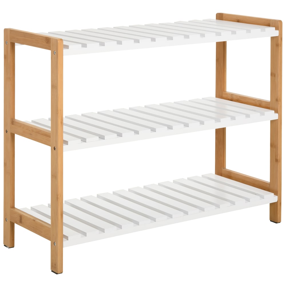 Etagère à chaussures 3 niveaux bambou MDF blanc Etagère à chaussures 3 niveaux bambou MDF blanc
