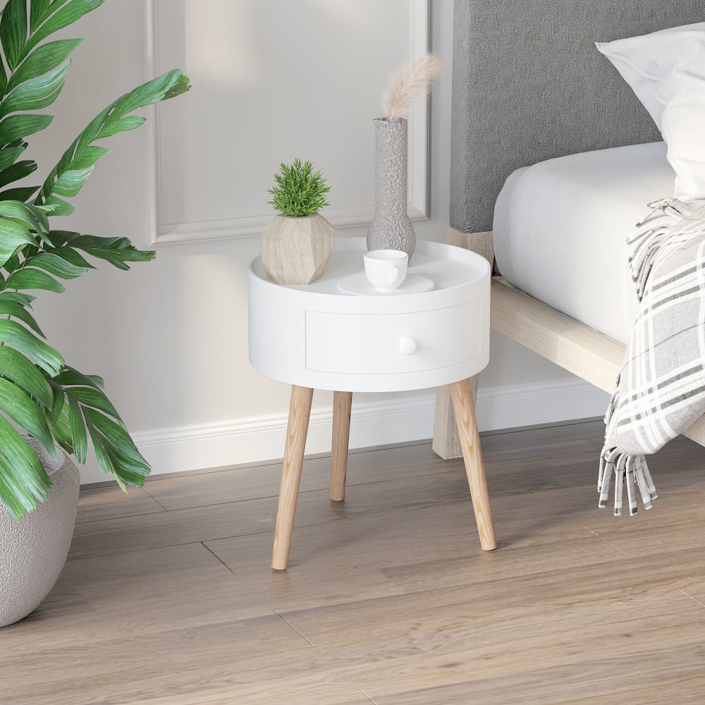 Chevet table de nuit ronde 1 tiroir design scandinave bicolore