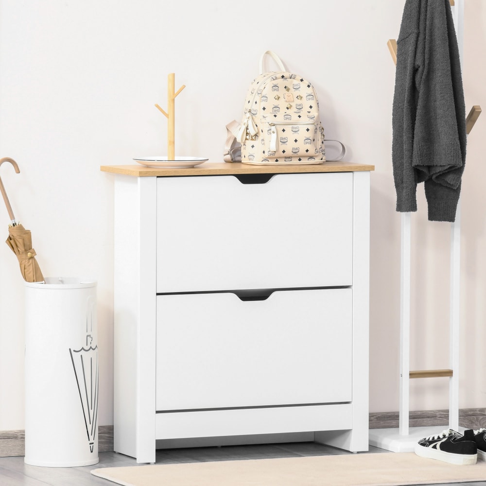 Meuble à chaussures 2 portes abattantes blanc aspect chêne clair - Maisons du Monde