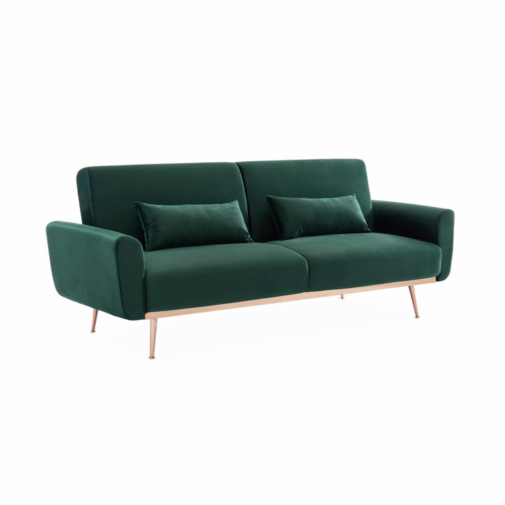Canapé convertible en velours vert anglais avec pieds fins or rose