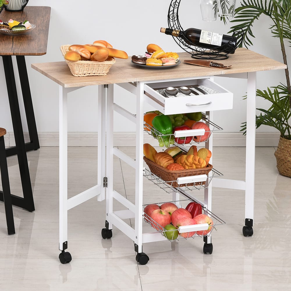 Desserte cuisine 3 paniers tiroir rallonges blanc aspect chêne clair - Maisons du Monde