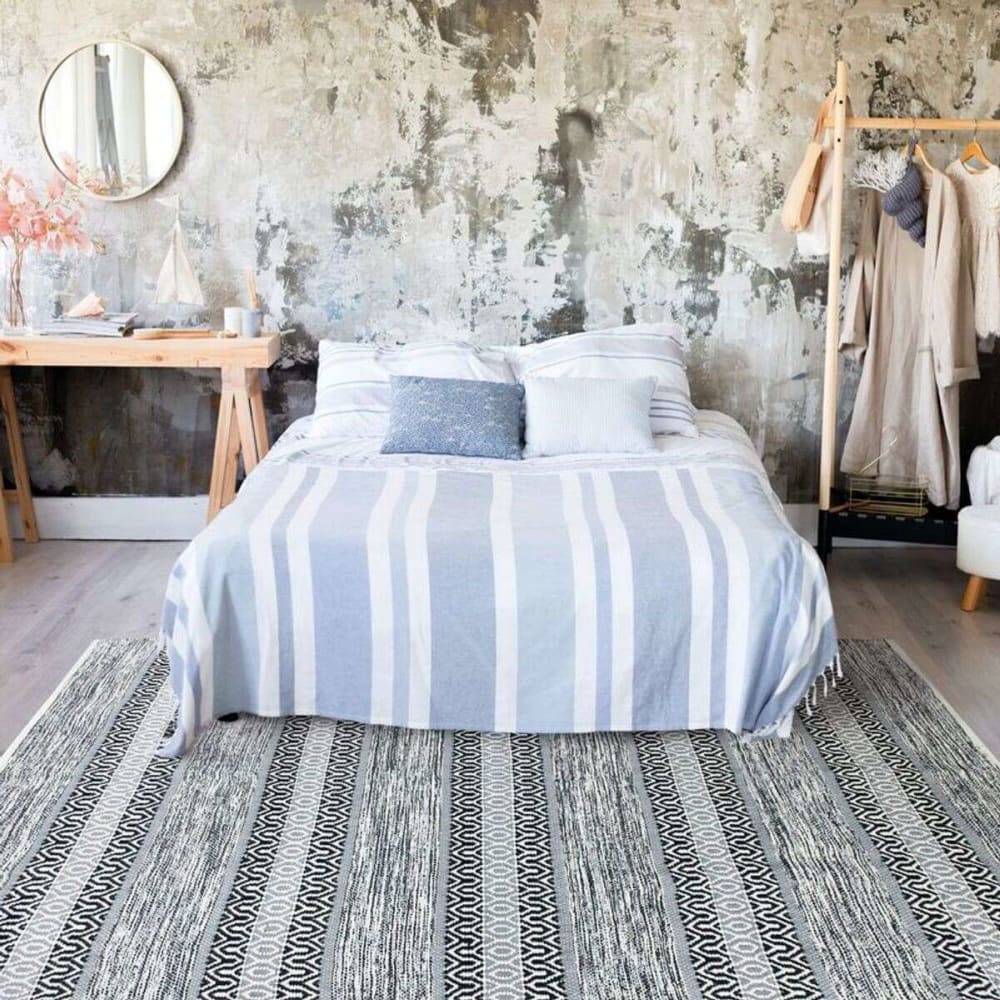 The Deco Factory Tapis en coton esprit ethnique noir et blanc 190x290 style bord de mer Certifié Oeko-Tex